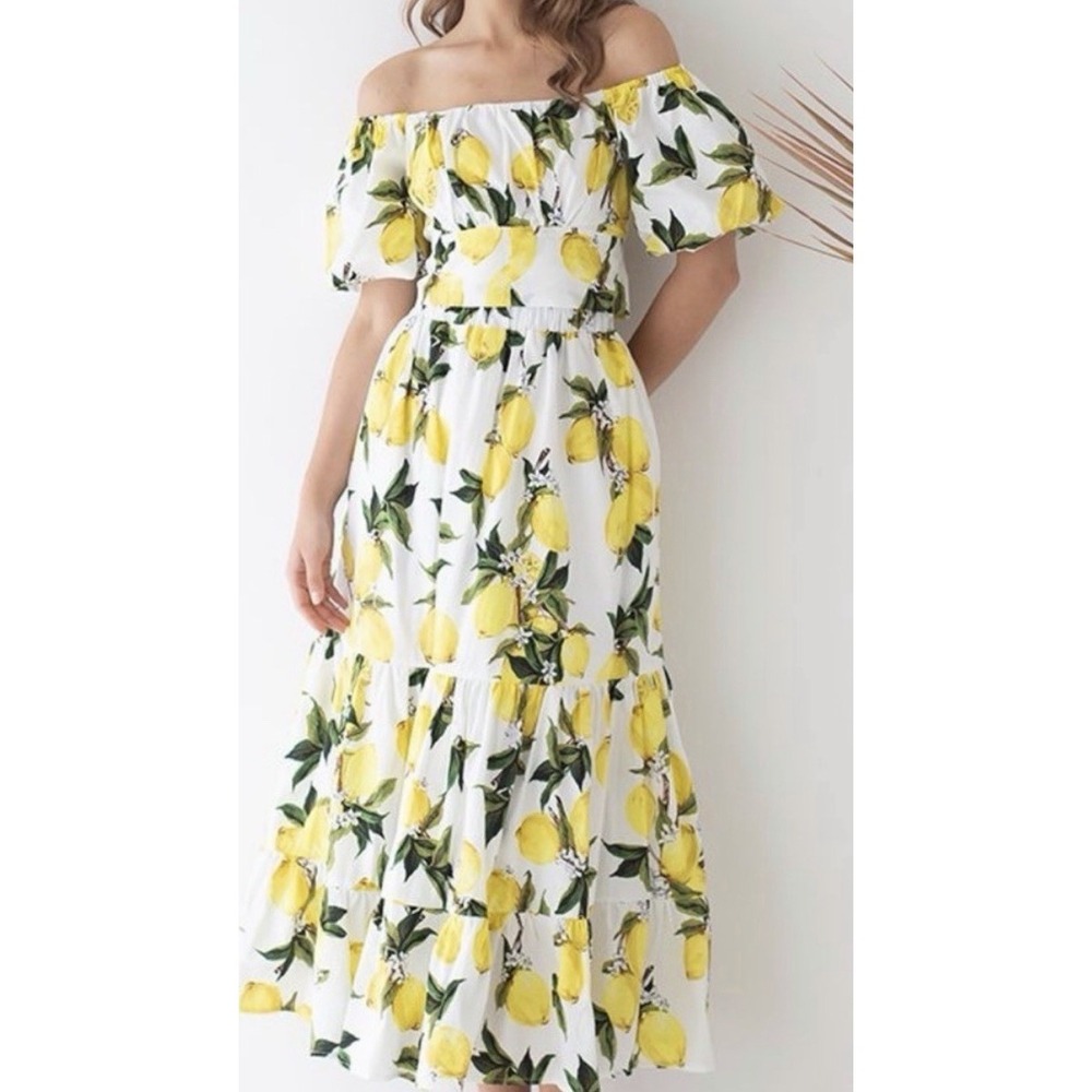 Chicwish‎ Lemon Print Off Shoulder Crop Top Flare Maxi Skirt Set XL Vacation